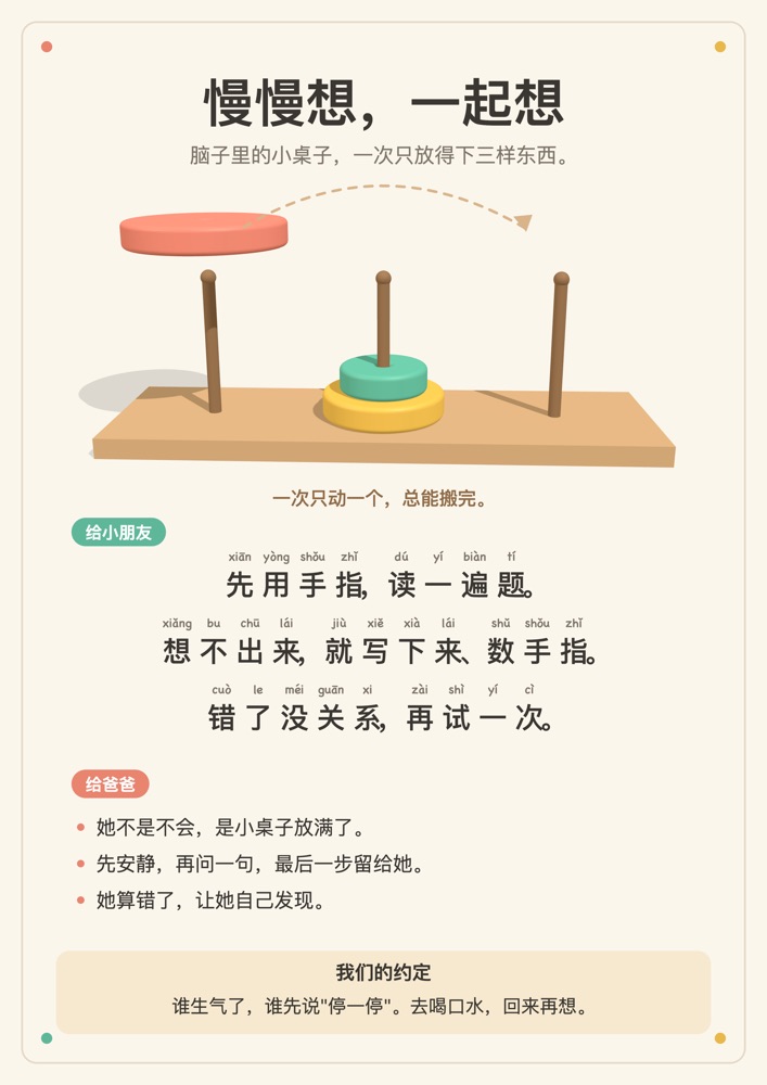 三环与钉子提醒卡，圆环正在慢慢移到另一根钉子上。